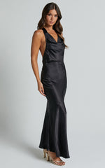 Elise Midi Dress - Cowl Neck Satin Dress in Black