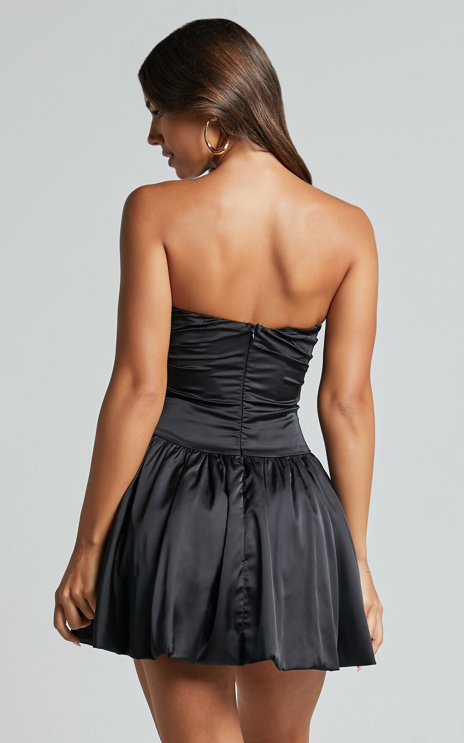 Edina Mini Dress - Strapless Drop Waist Puff Ball Dress in Black