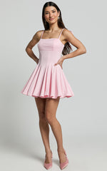 Bonnie Mini Dress - Straight Neck Fit and Flare Dress in Pink