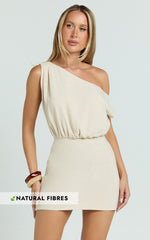 Nellie Mini Linen Dress - Linen One Shoulder Mini Dress in Biscuit