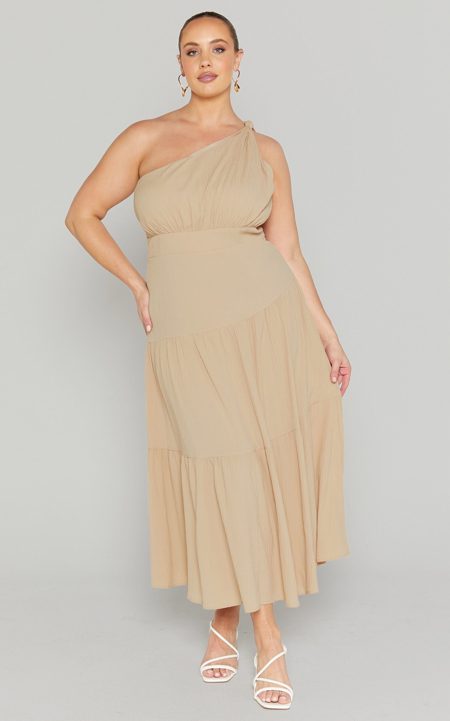 Celestia Midi Dress - Tiered One Shoulder Dress in Sand