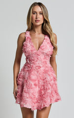 Alexandria Mini Dress - V Neck Gathered Bust A Line Dress in Pink