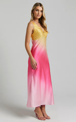 Erika Midi Dress - V Neck Satin Slip Dress in SUNSET OMBRE