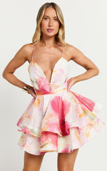 Amalie The Label - Felicity Plunge Tiered Mini Dress in Domeka Bloom Print