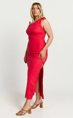 Cincinnati Midi Dress - Off The Shoulder Side Split Column Linen Dress in Red