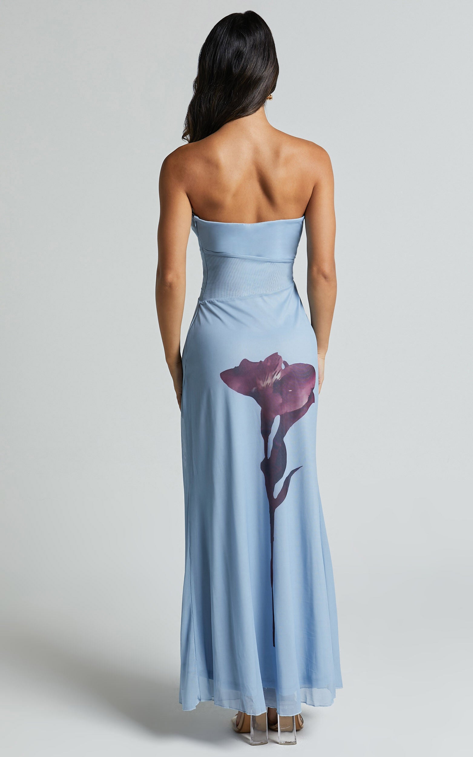 Adali Midi Dress - Strapless Mesh Midi Dress in Blue Floral