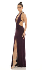 Front Slit Open Back Maxi Dress in Purple