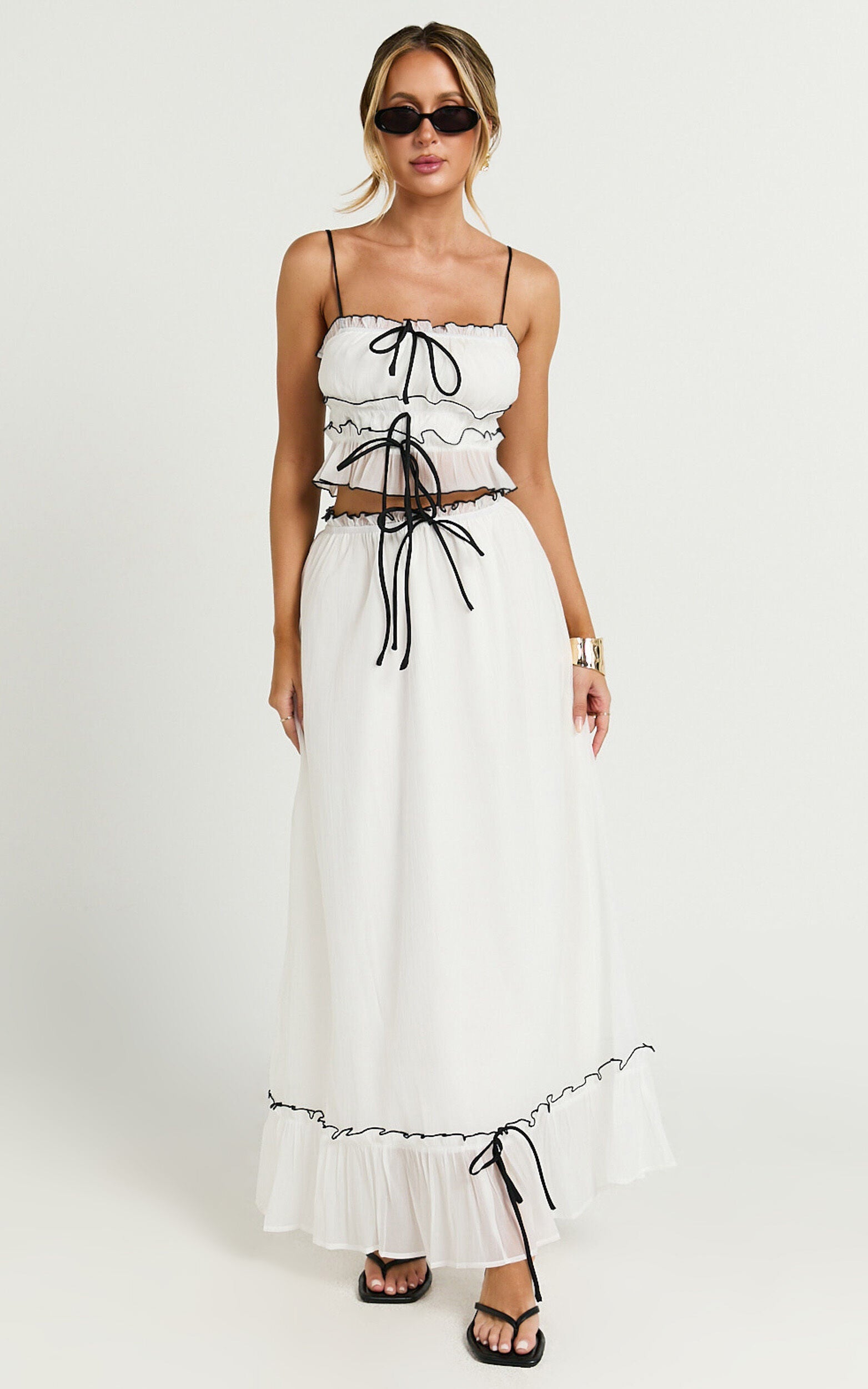 Jaden Maxi Skirt - Gathered Contrast Tie Detail Skirt in Cream