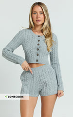 Primrose Cardigan- Recycled Cable Knit Crop Cardigan in Grey