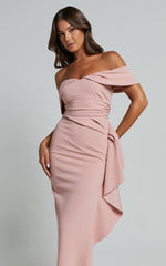 Cleo Midi Dress - Off The Shoulder Ruffle Split Dress in Blush