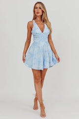 Lavalle Criss-Cross Floral Embellished Mini Dress Blue