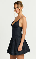 Betchie Mini Dress - V - Neck Strappy Drop Waist Gathered Skirt Denim Dress in Dark Raw Denim