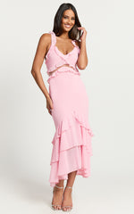 Hattie Midi Dress - Ruffle Detail V-neck Dress in Pink