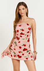 Peggy Mini Dress - Strapless Ruched Side Dress in Summer Rose Print