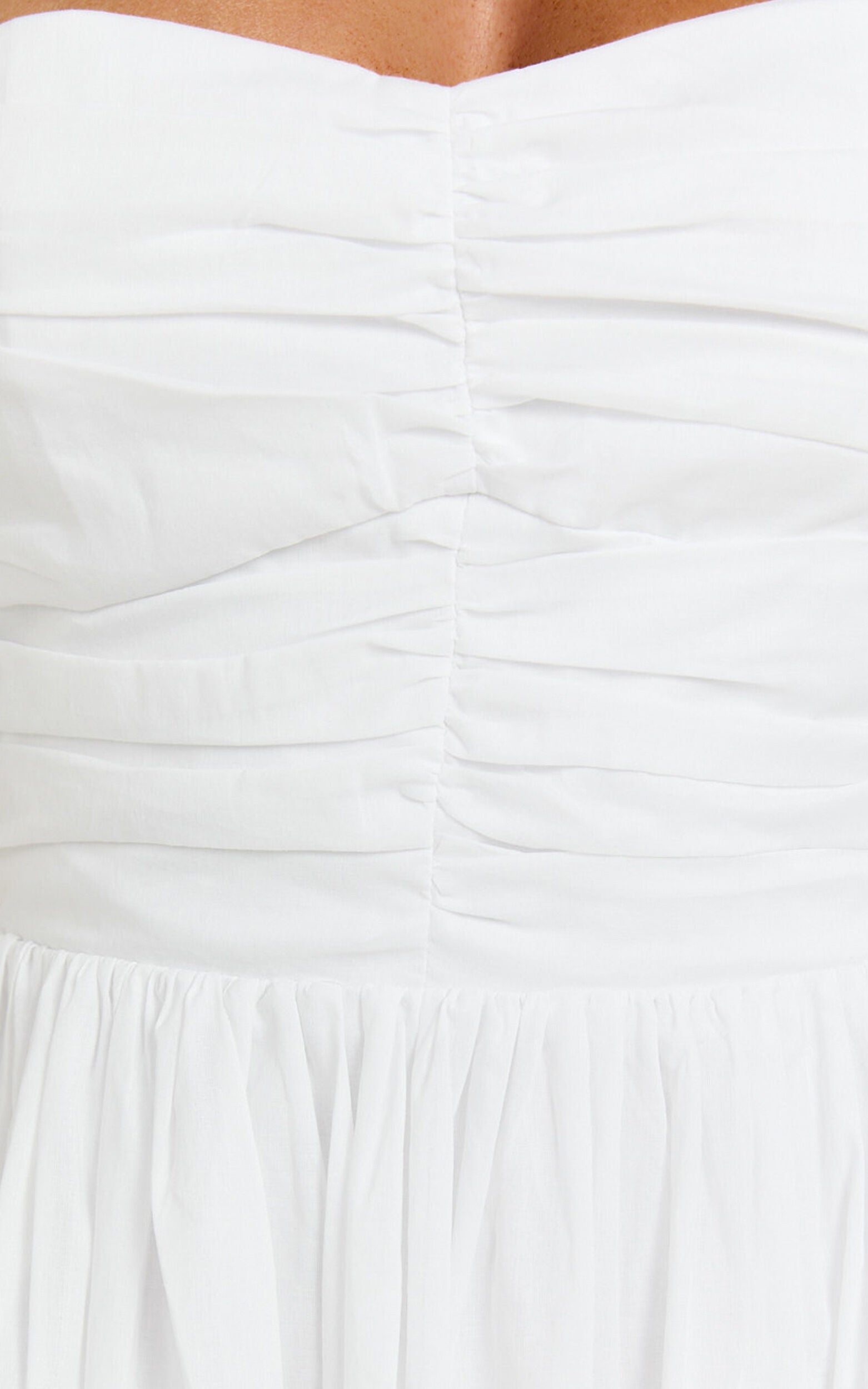 Caroline Midi Dress - Strapped Ruched Bodice Gathered Skirt Dress in White