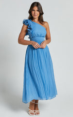 Dorothy Midi Dress - One Shoulder Frill Detail Fit and Flare Dress in Sky Blue