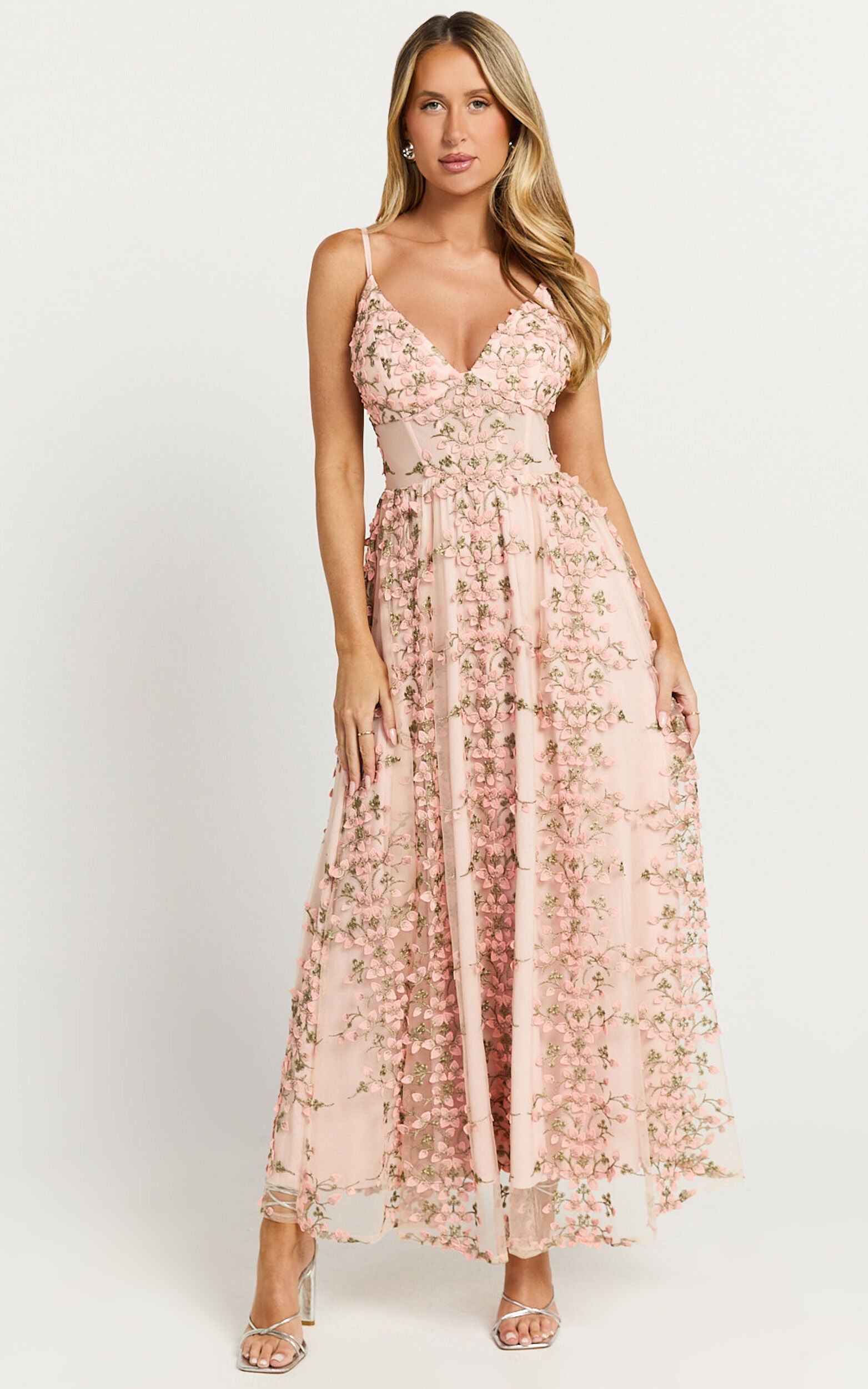 Amalie The Label - Lou V Neck Embroidered Tulle Maxi Dress in Blush