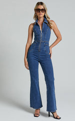 Casidy Jumpsuit - Zip Front Collared Halter Neck Denim in Mid Blue Wash
