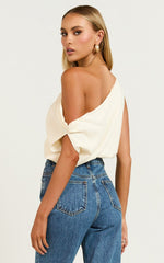 Collins Linen Top - Draped Asymmetrical Neckline Top in Stone
