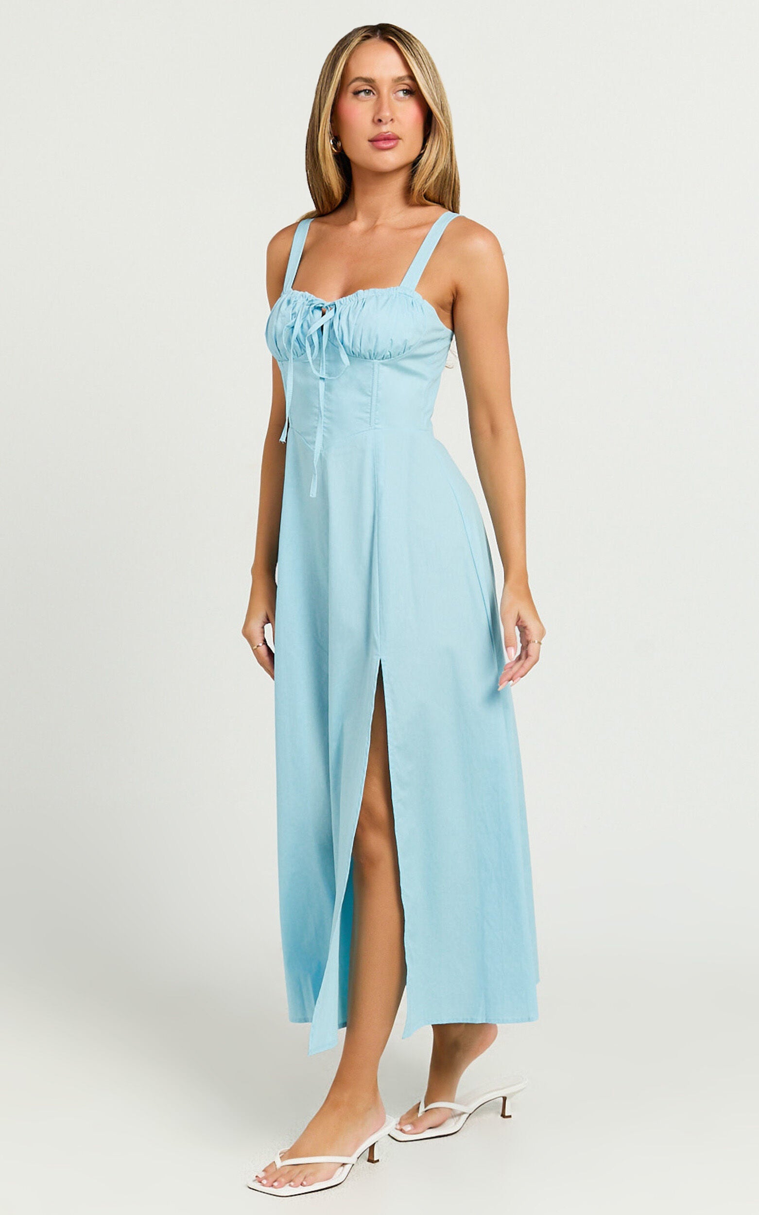 Maiya Midi Dress - Tie Front Fitted Bodice Dress in Blue