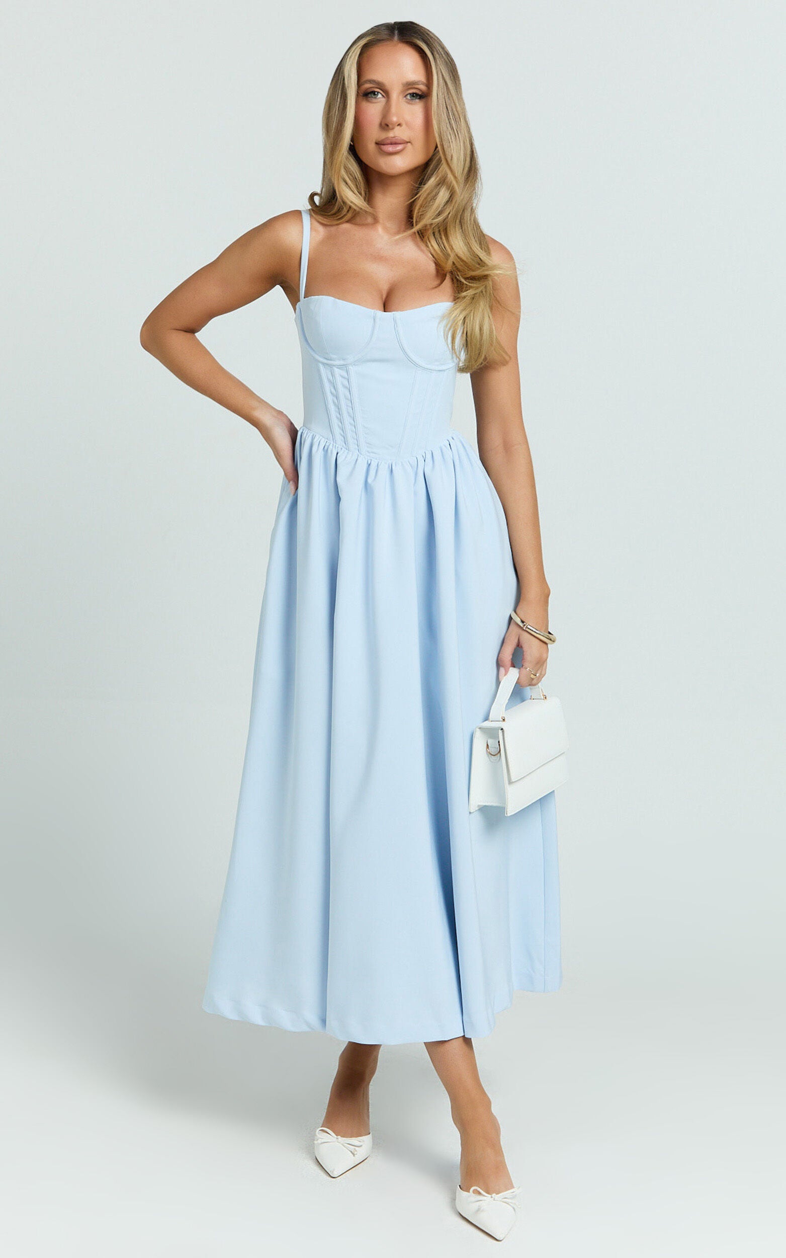 Nadine Midi Dress - Bustier Corset Waist Gathered Full Skirt Dress in Baby Blue