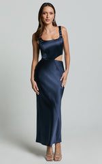Aleena Midi Dress - Square Neck Side Cut Out Satin Dress in Midnight Blue