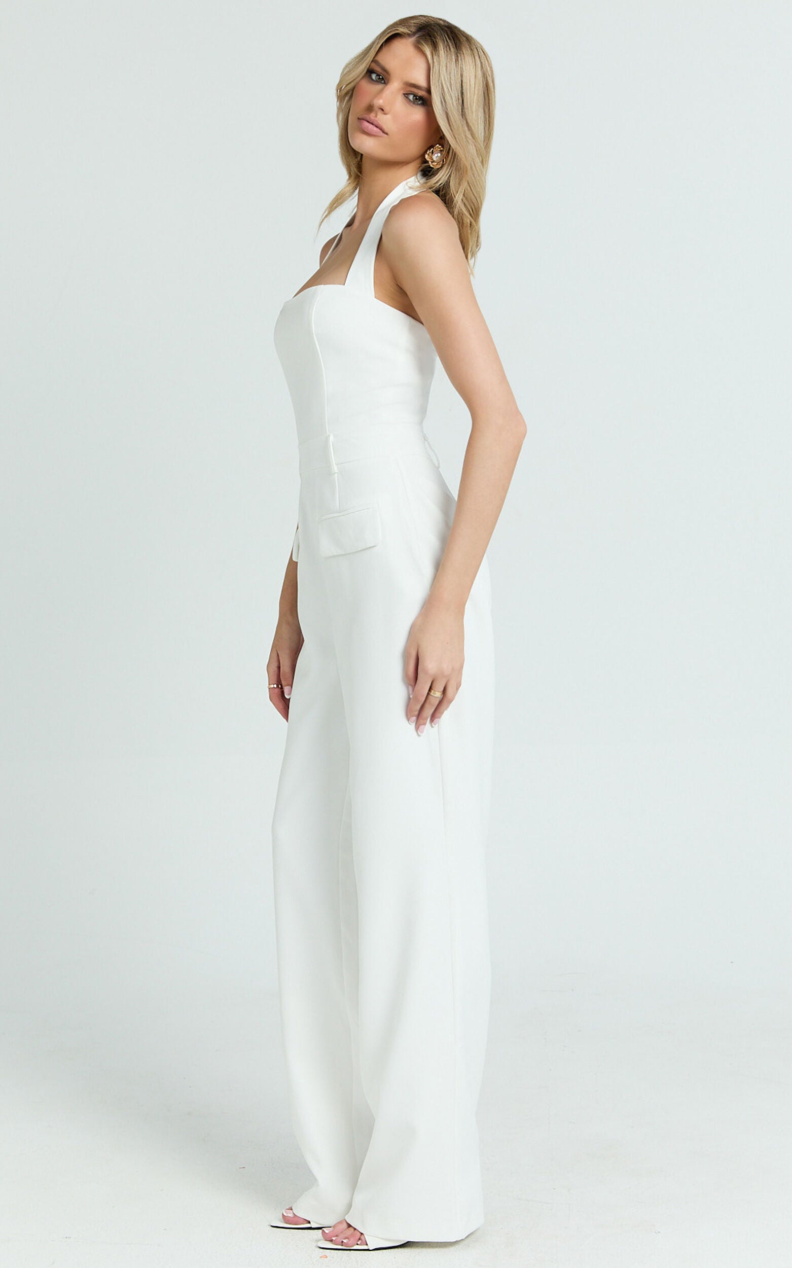 Koko Jumpsuit - Square Neck Halter Tailored Jumpsuit in White
