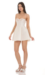 Butterfly Strapless Fit and Flare Dress in White