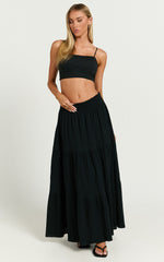 Ruby Midi Skirt - Shirred High Waist Cotton Tiered Midi Skirt in Black