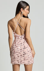 Spencer Mini Dress - Strappy V Neck Feather Sequin Dress in Light Pink