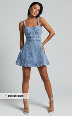 Estonia Mini Dress - Denim Dress in Mid Blue Wash