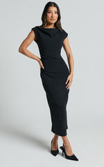 Carmilette Midi Dress - Cowl Neck Ruched Jersey Dress in Black