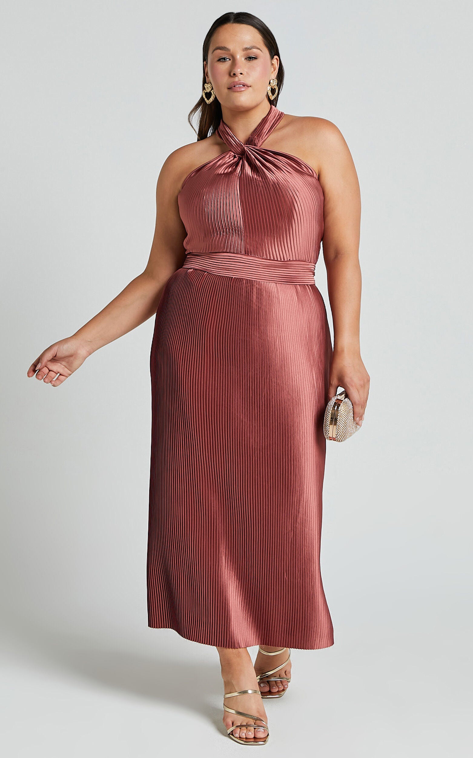 Marlette Midi Dress - Pleated Open Back Halter Dress in Rust