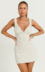 Amalea Mini Dress - Wide Strap Ruched Bust Dress in Blue & Yellow Ditsy Floral