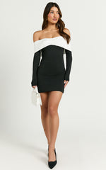 Amalita Mini Dress - Off Shoulder Contrast Long Sleeve Dress in Black & White