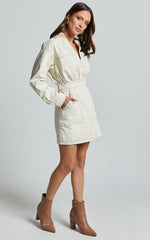 Lilianna Mini Dress - V Neck Long Sleeve Wrap Dress in Cream