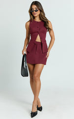 Torah Mini Skirt - Mid Waist Tailored A Line Skirt in Burgundy