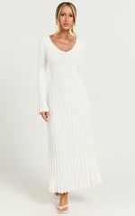 Astra Midi Dress - V Neck Long Sleeve Knit Dress in White