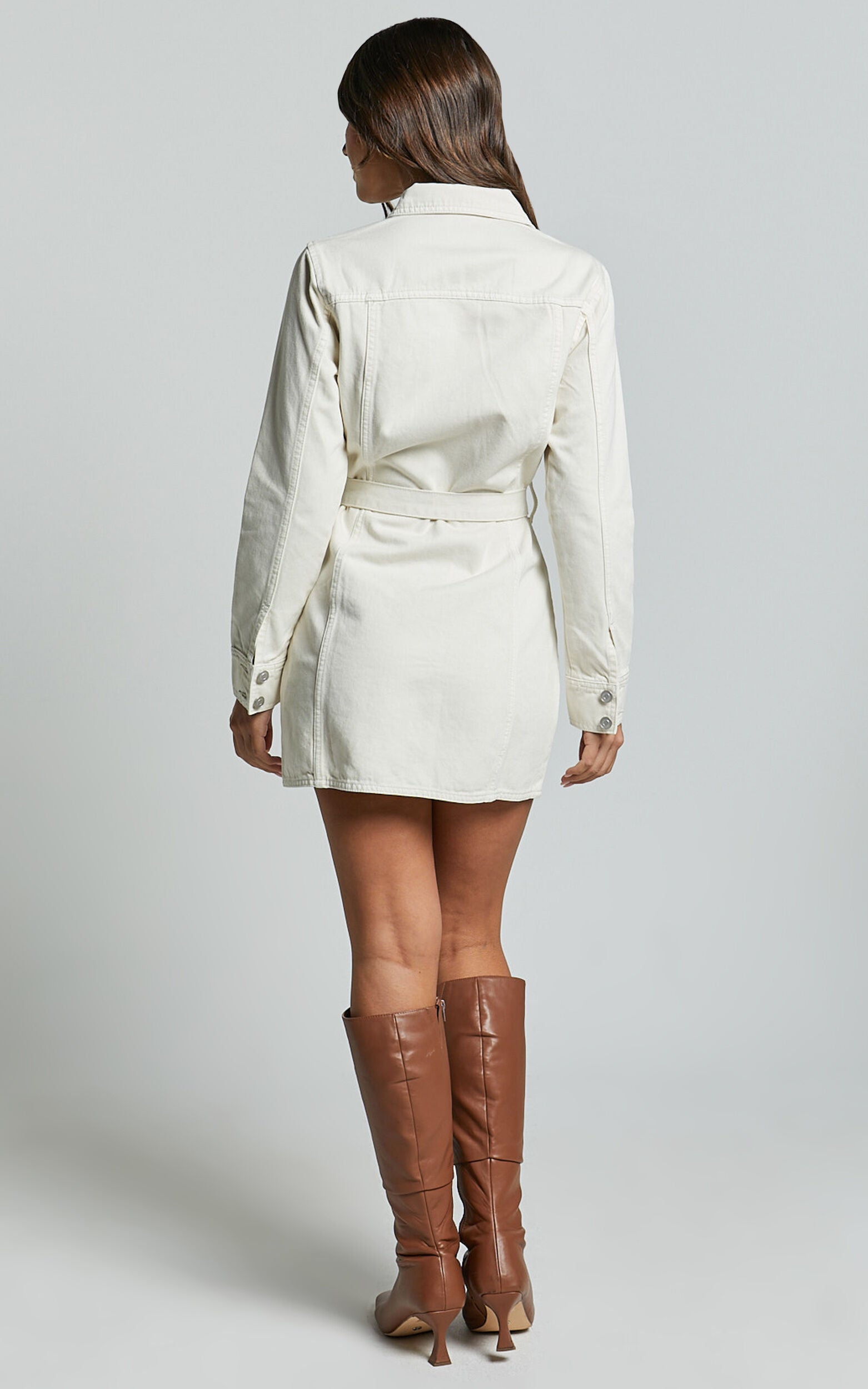 Enriquetta Mini Dress - Cotton Denim Long Sleeve Button Up Dress in Ecru