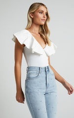 Kimber Bodysuit - V Neck Frill Bodysuit in White