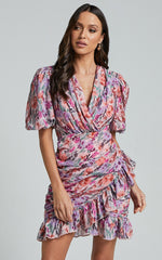 Mayslie Mini Dress - Puff Sleeve Drape Dress in Monet Floral
