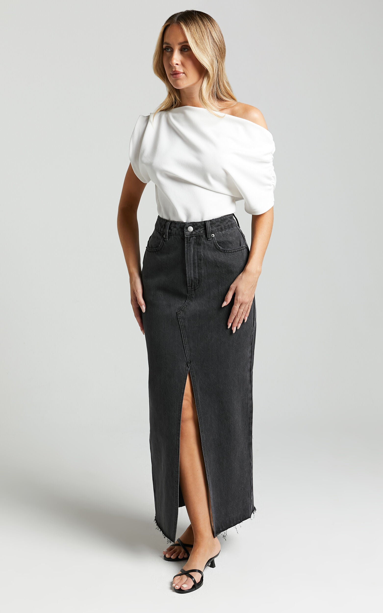 Kira Midi Skirt - Front Split Denim Skirt in Washed Black