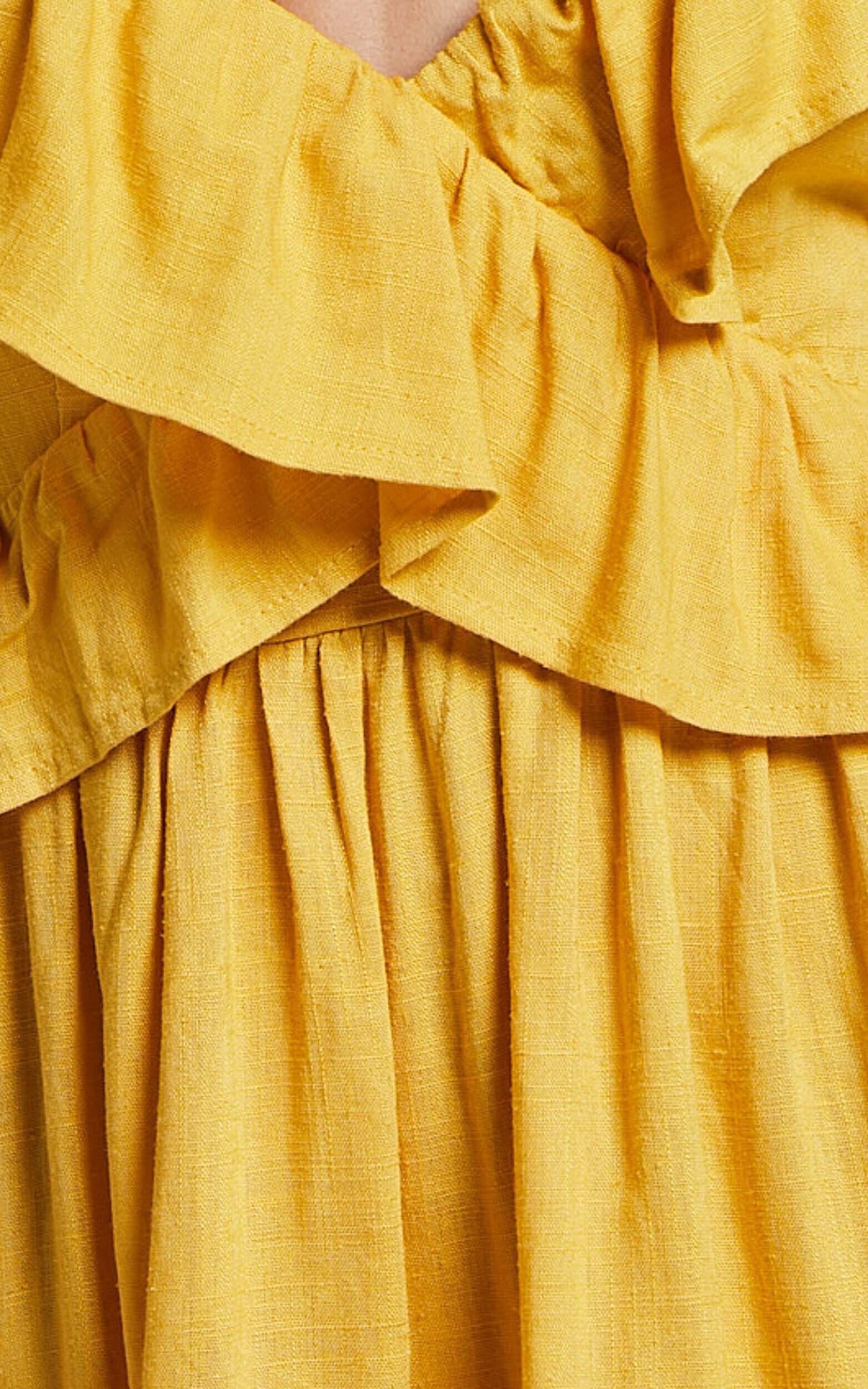 Amalie The Label - Hescia Linen Blend Frill Detail Low Back Mini Dress in Warm Yellow Gold