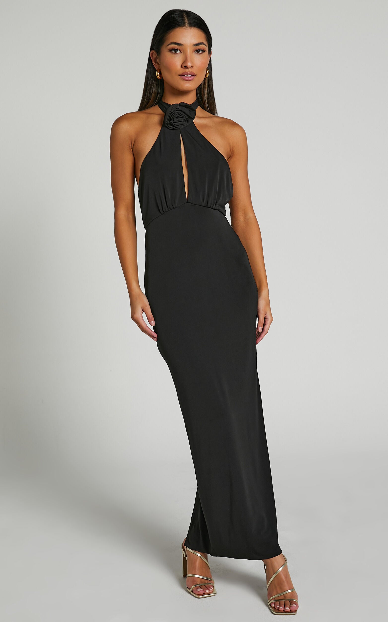 Claret Midi Dress- rosette halter Midi dress in Black