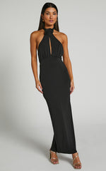 Claret Midi Dress- rosette halter Midi dress in Black