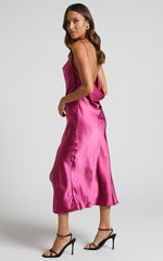 Sherrie Midi Dress - Cowl Neck Open Back Satin Dress in Berry