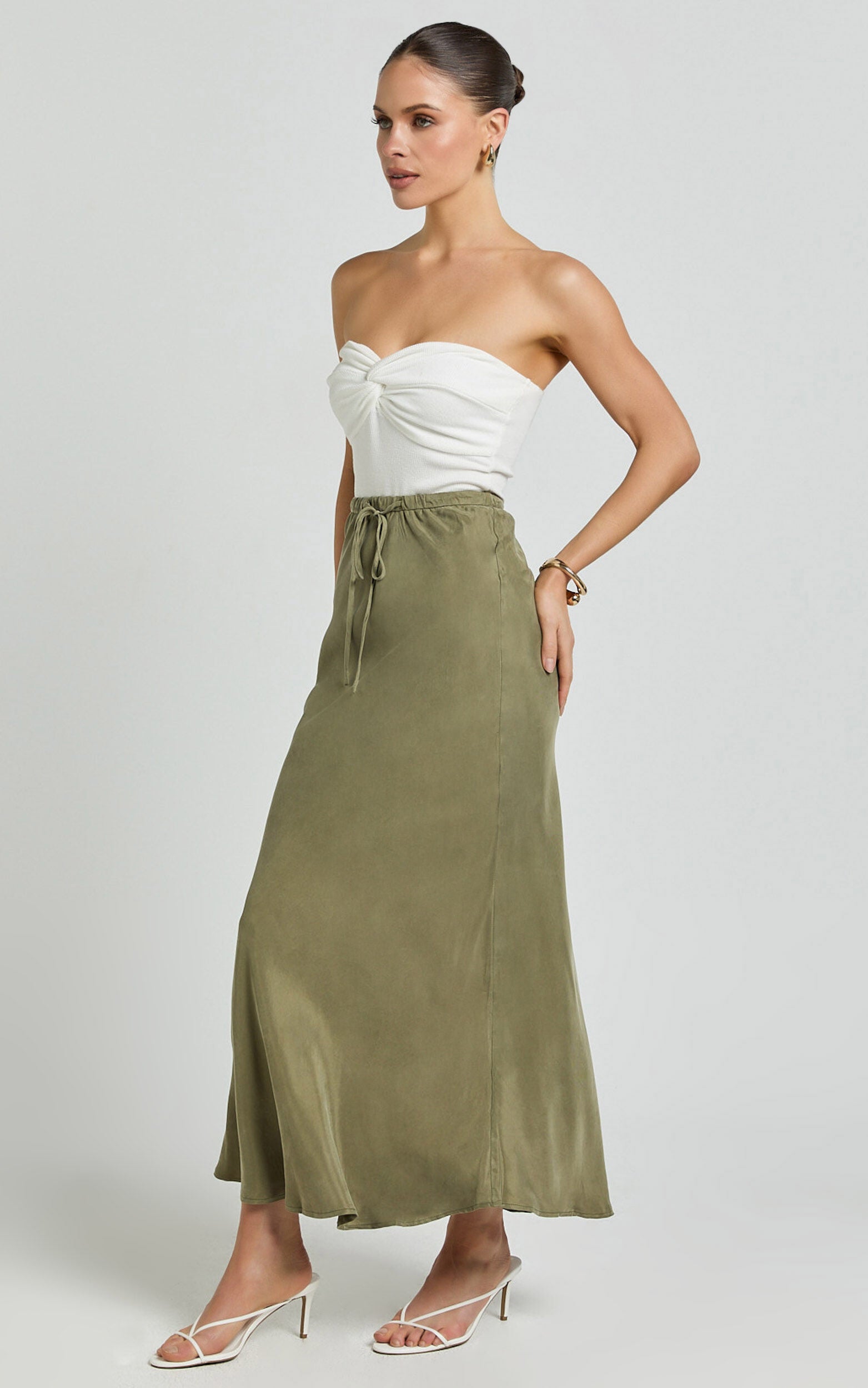 Wilhelmine Maxi Skirt - Cupro High Waisted Drawstring Slip Skirt in Moss