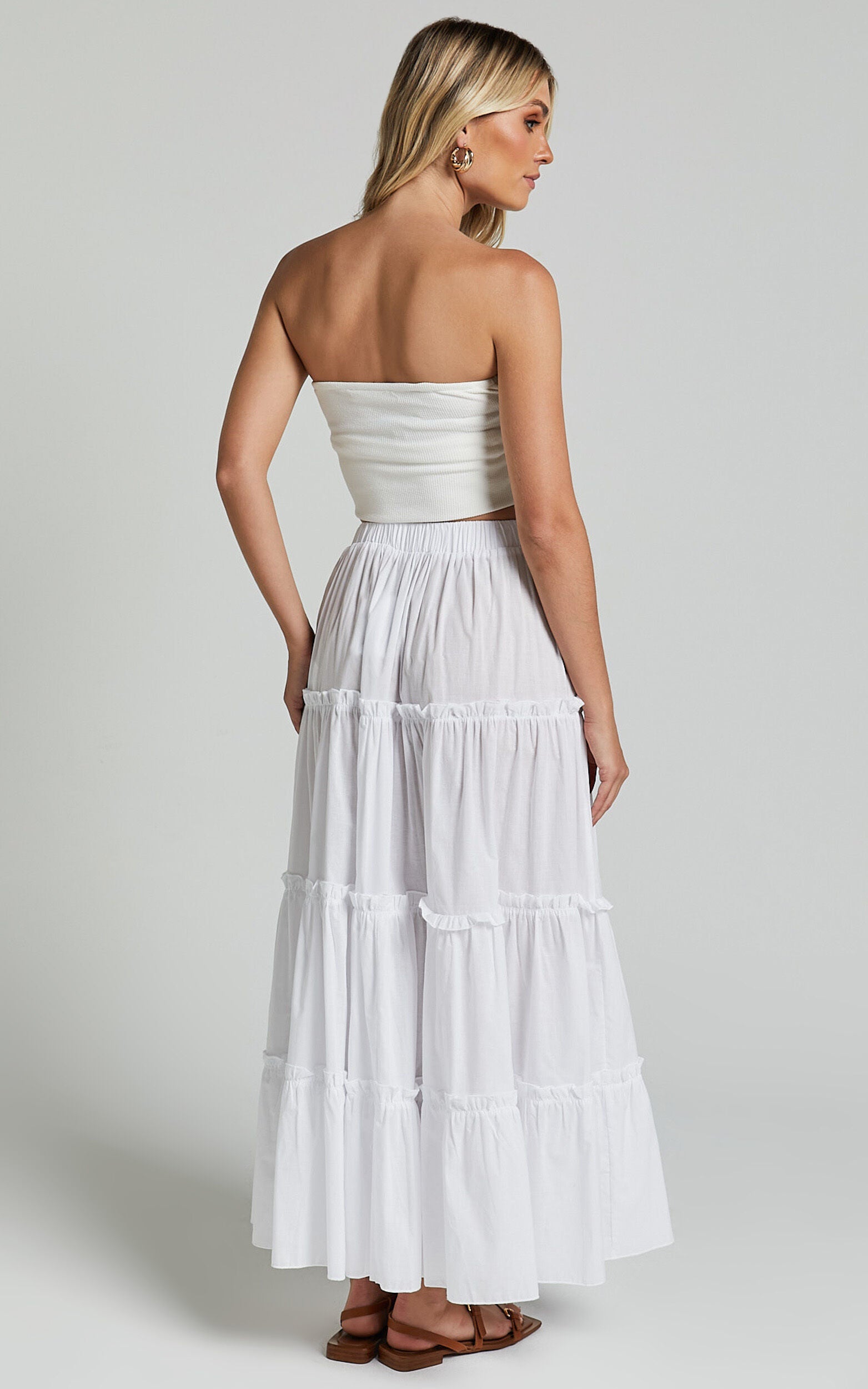 Aeonium Maxi Skirt - Cotton Elasticated Waist Tiered Skirt in Off White