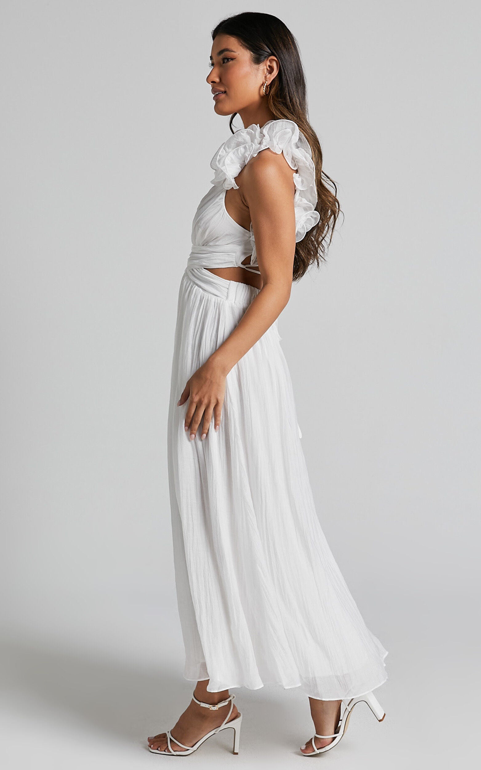 Marielly Midi Dress - Side Cut Out V Neck Ruffle Detail Sleeve Dress in White