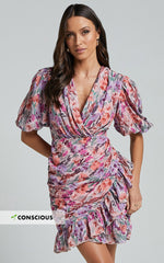 Mayslie Mini Dress - Puff Sleeve Drape Dress in Monet Floral